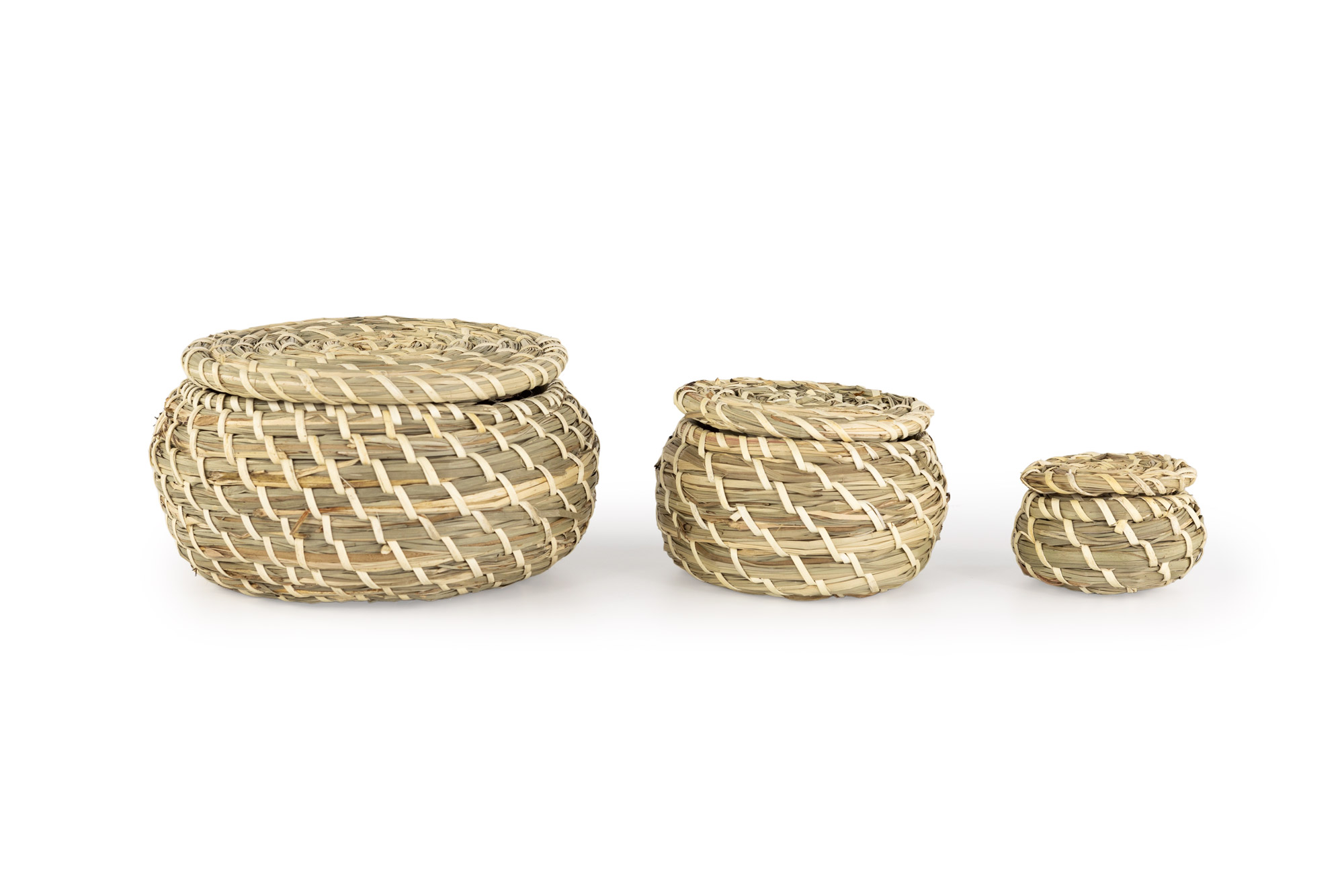IKEA FRYKEN Korb mit Deckel 3er-Set aus Seegras, handgemacht